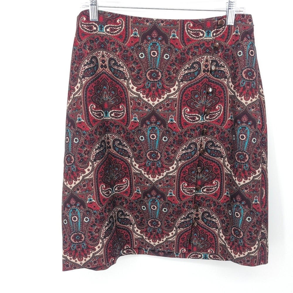 Talbots Skirt 14 Petite Red Paisley Button Lined Holiday Christmas Office Career